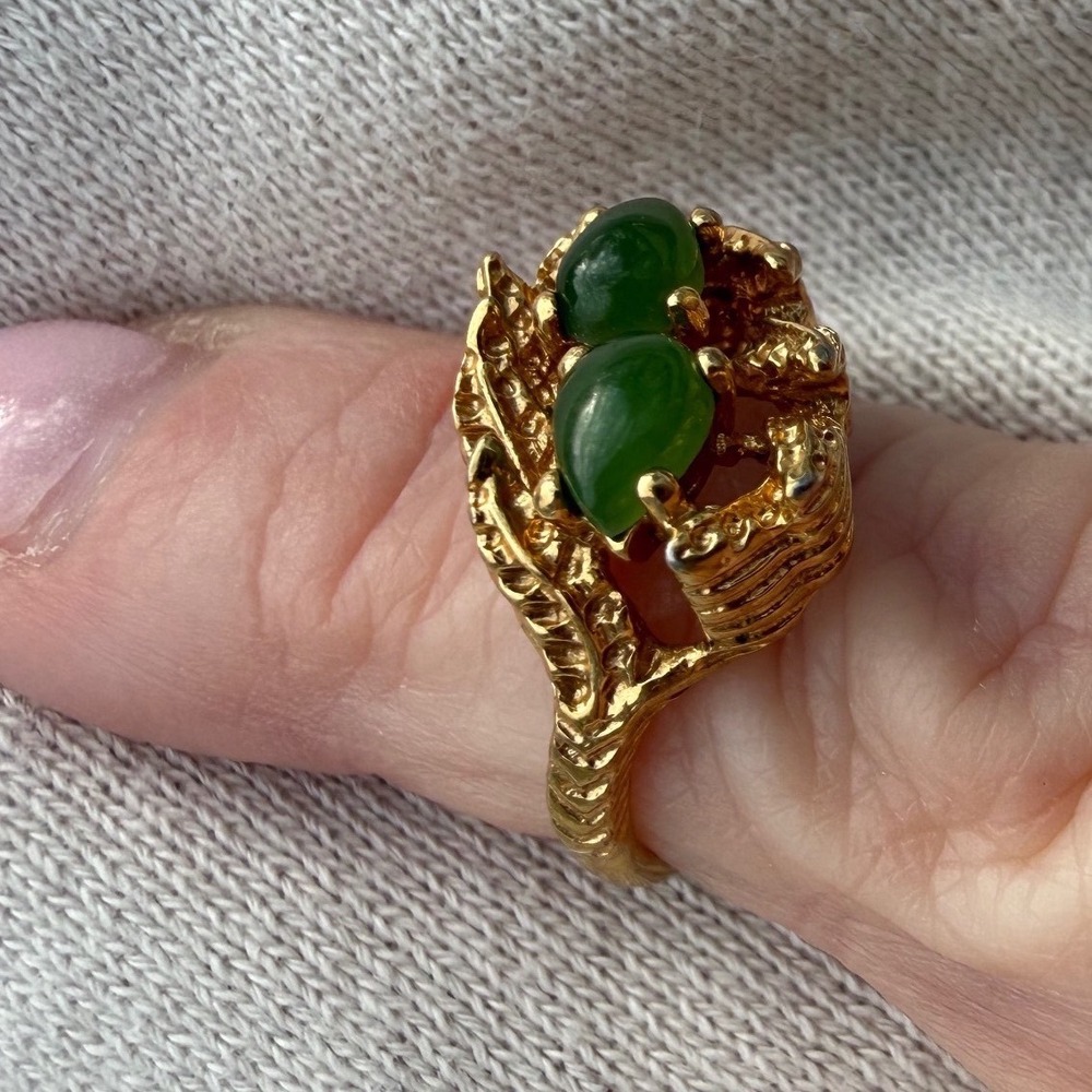Vintage 14kt HGE Gold Green Faux Chalcedony Brutalist Statement Ring Size 6 - Picture 4 of 13